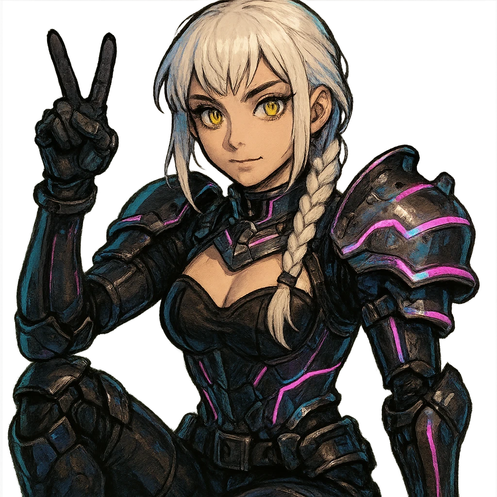  she is wearing armor, maximum power , except instead she's giving a victory salute, a closeup portrait of young woman with gold yellow eyes, white hair, long braid, black off-shoulder top d-cup, punk gothic style, futuristic cyberwave cyberpunk, sitting position
 emoji