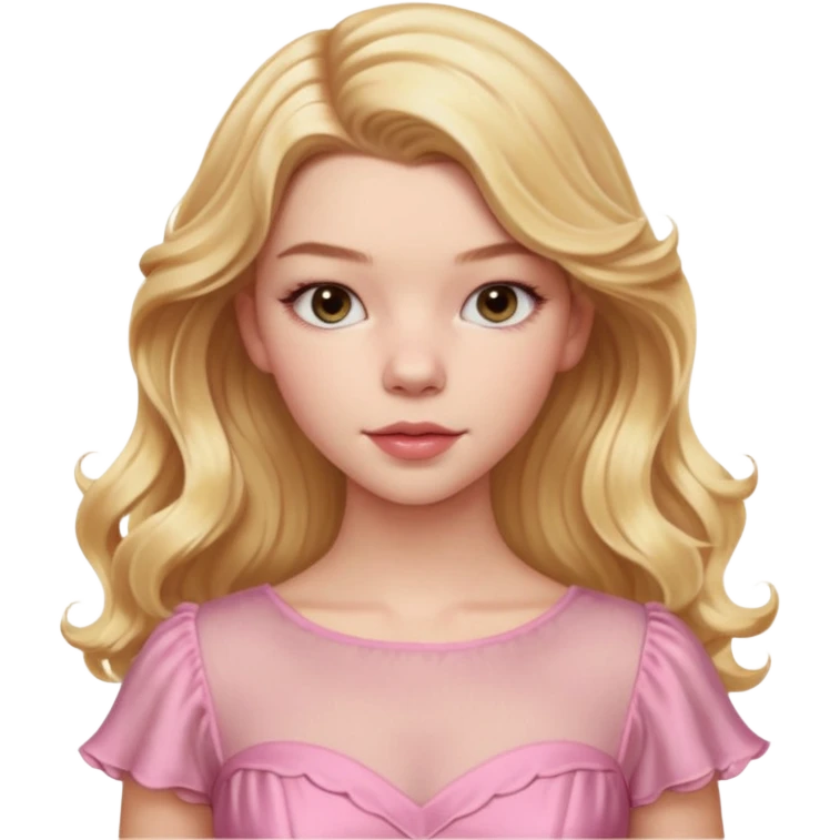 Cinematic Realistic Anya Taylor Joy Portrait, depicted with lifelike skin texture, subtle rosy undertones, and soft natural lighting that enhances the gentle contours of her face. Her intricately detailed golden blonde hair is elegantly wavy, and pink dress emoji