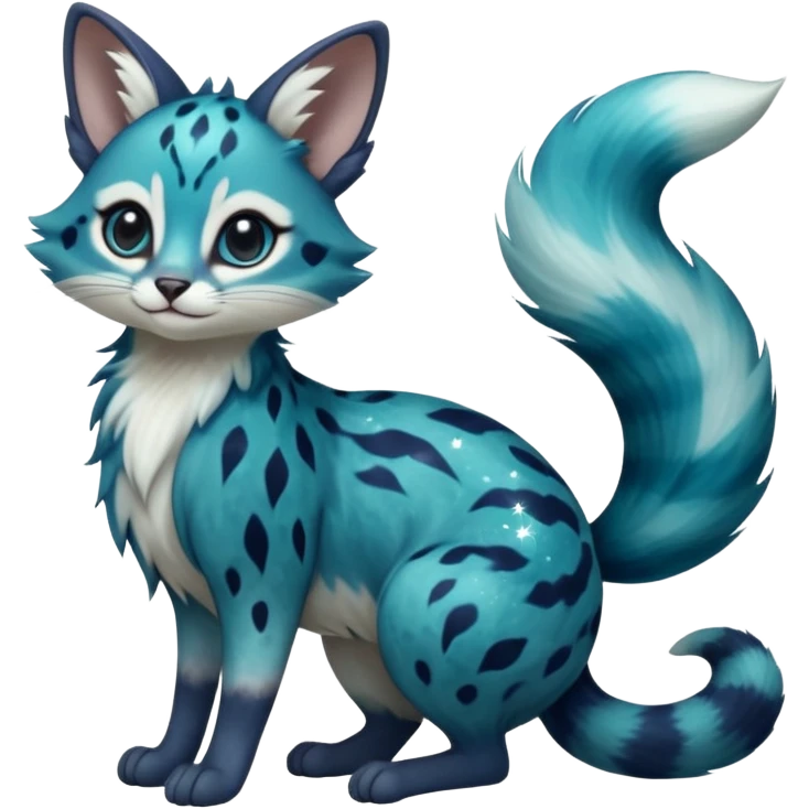 Hyper realistic  galaxy-swirl indigo-teal fur scattered with star-salt sparkle grains beautiful elegant pretty precious cute  Fakémon-Pokémon-opossum-feline-serval-caracal-chinchilla-Furret-Minccino-hybrid-creature with a big fluffy bushy tail (full body) emoji