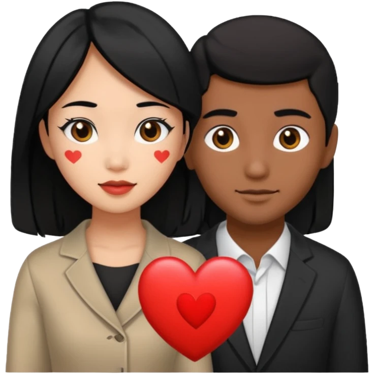 Asian Woman with black hair black eyes, brown man with black hair black eyes, and love heart emoji