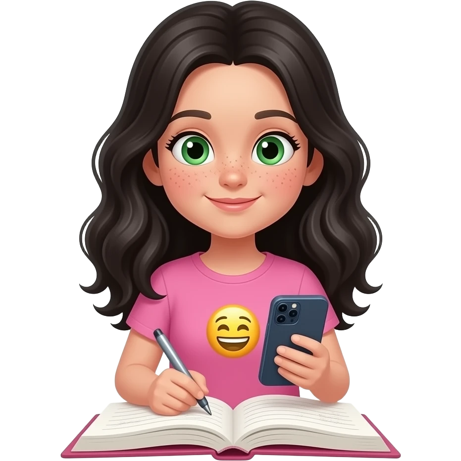 young girl, green eyes and freckles black waves long hair, pink complete top and leggingg, light skin, 3d realistic, iphone emoji,writes a diary emoji