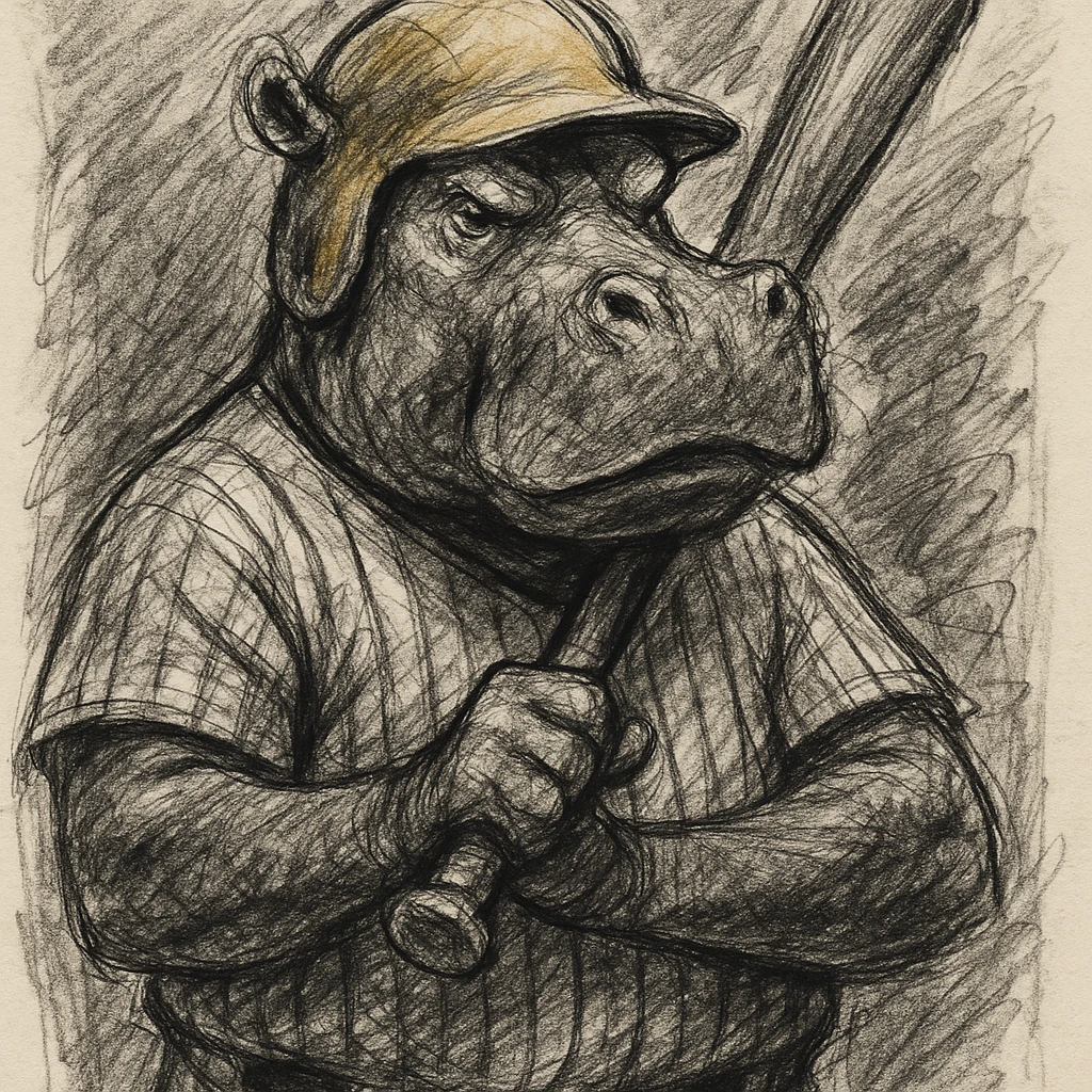 hippo holding a baseball bat, wearing a yellow helmet, pinstripes outfit emoji