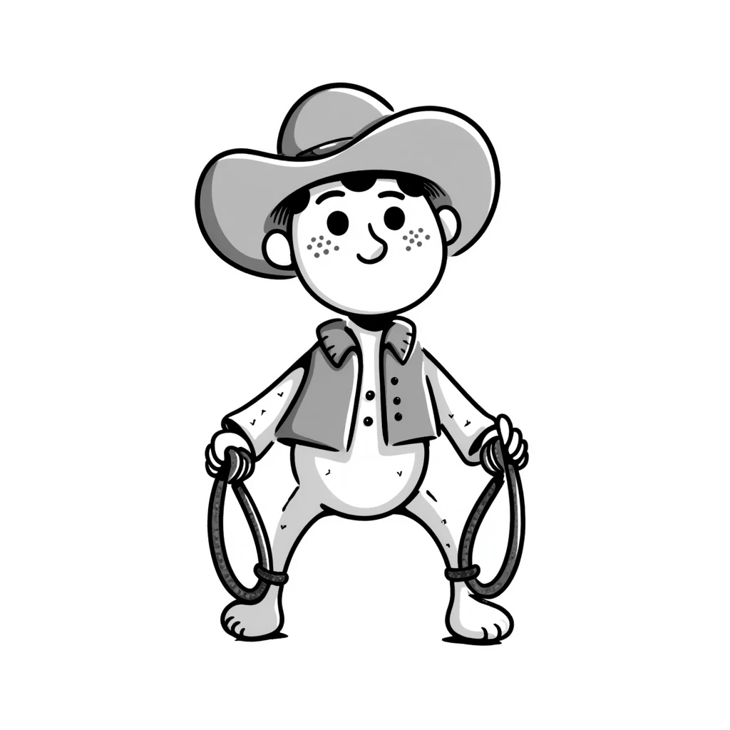 A hand-drawn plush baby cowboy toy with a lasso and cute freckles emoji