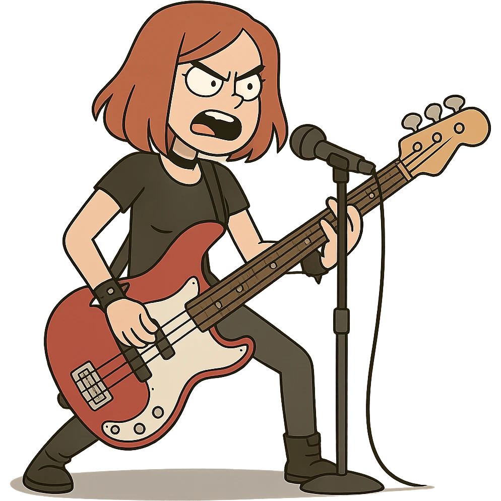 rock girl with red hair and red bass guitar, long bob hairstyle, performing on stage emoji