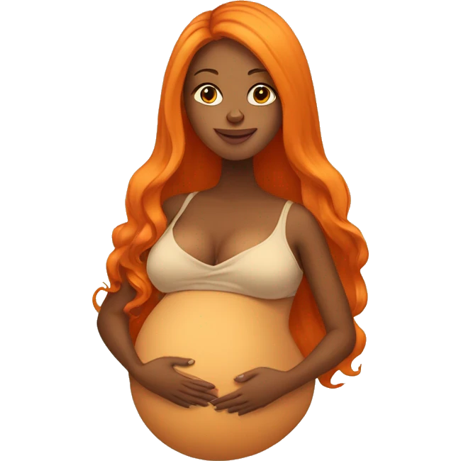 Tan girl with long orange hair holding pregnant stomach emoji