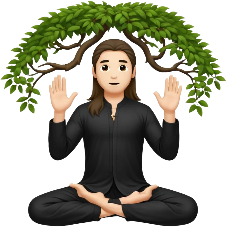 pratiquant de qi gong, homme aux cheveux long, en position de l'arbre, en tenue noire ou blanche. L'image ne contiendra pas d'arbre emoji
