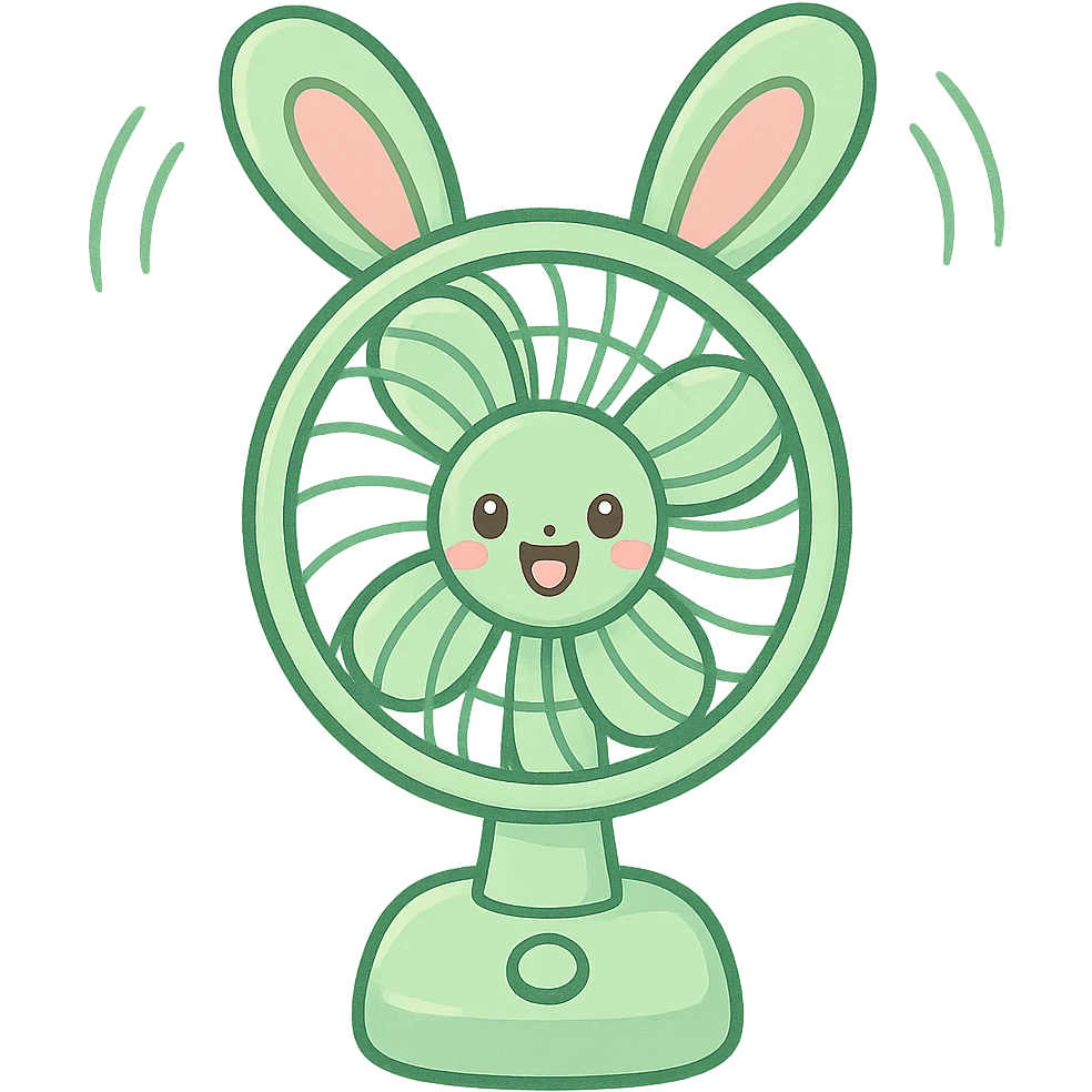 chibi electric fan shaped like a bunny, ears spinning as blades, pastel green, cheerful face, full-body emoji