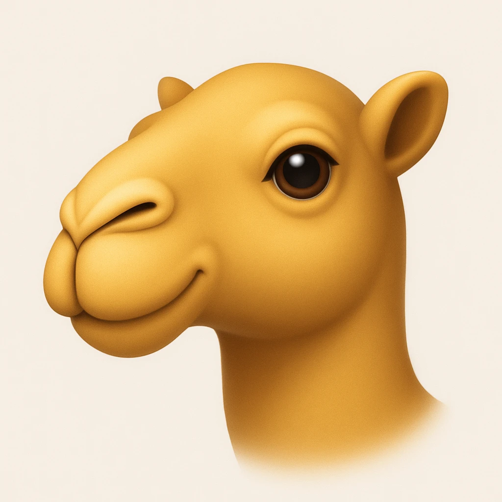 Edit the camel emoji to remove the hat, the green part of its neck, and the thing in or by its mouth. Keep all other details and style exactly like the iOS emoji style reference image. Add a subtle highlight. emoji