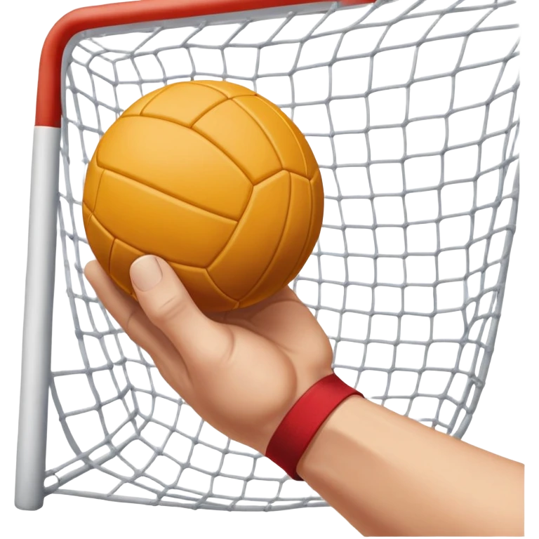 A close-up of a hand gripping a handball, with the handball gates visible in the background. The focus is on the texture of the ball and the strength of the grip, with the goal net slightly blurred to emphasize the anticipation of the throw. emoji