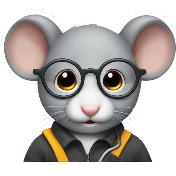 A grey mouse that is studying mechanic engineer with glasses on and a little hoop earring in both ears emoji