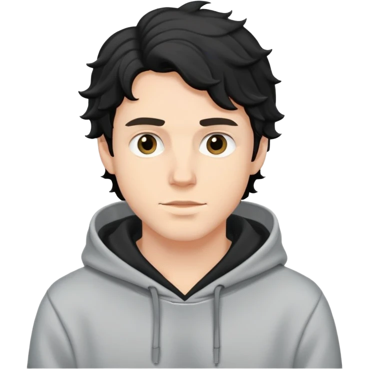 young white guy in a hoodie with black wavy hair emoji