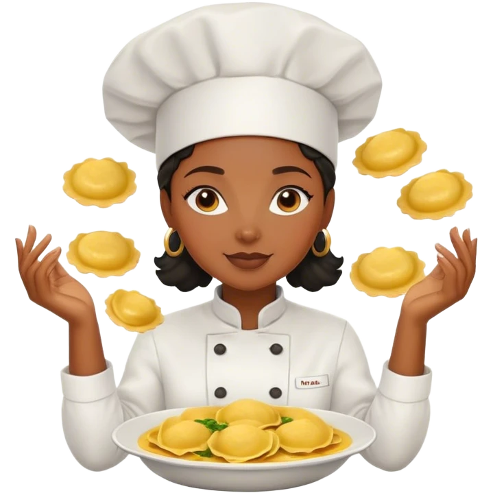black female chef surrounded by ravioli emoji