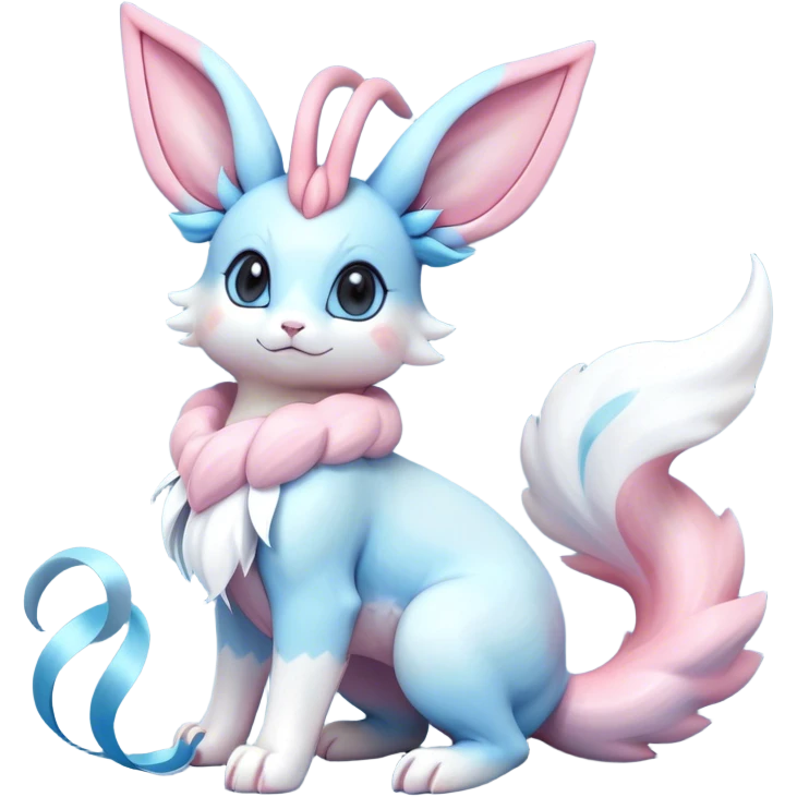 Feral Rare Fantasy cute realistic adorable pastel pink light-blue white iridescent Sylveon-Milotic-Minccino-Vernid-Sergal-hybrid by LiLaiRa, markings, tufted ears, full body emoji