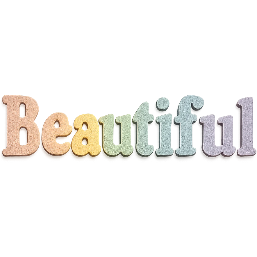 the word 'Beautiful' in soft pastel rainbow colors, bold serif font, kawaii style, no outline, 3D paper-craft effect emoji