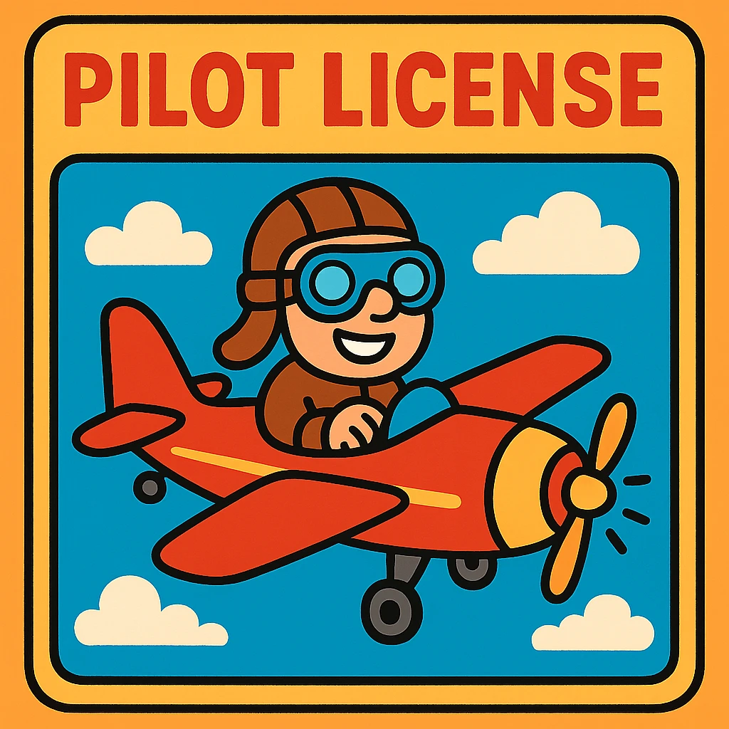 playful pilot license design with cartoon airplane and clouds emoji
