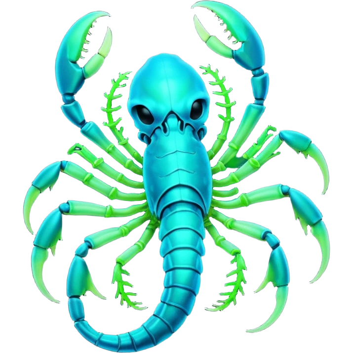 3D render of Radioactive Scorpion, bioluminescent deep sea style, glowing neon blue and green lights, dark background to contrast the glow, translucent organic textures. emoji