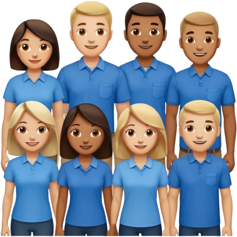 CREA UN EMOJI DE 7 PERSONAS HOMBRES Y MUJERES, CON CAMISA AZUL SOLO 7 SIETE PERSONAS CUERPO COMPLETO emoji