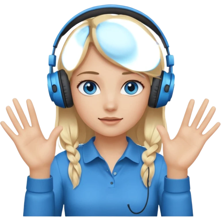 girl with blonde hair and blue eys, having on ears heaphones, with heands telling what  emoji