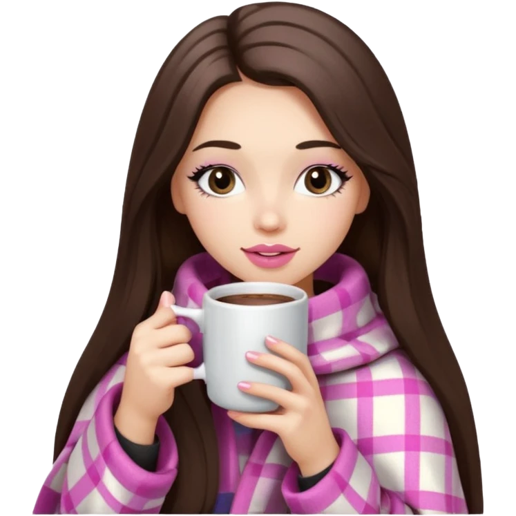 Pink lip, eyelashes, Black eyed brunette girl with long hair and light skin shoulders wrapped up in a pink plaid blanket drinking hot chocolate emoji