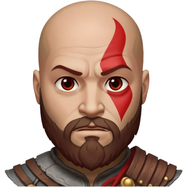 Kratos from God of War as an Android-style emoji, featuring his bald head, red tattoo, beard, and stern expression, simplified and iconic, with a flat, minimal look and Android emoji color palette emoji
