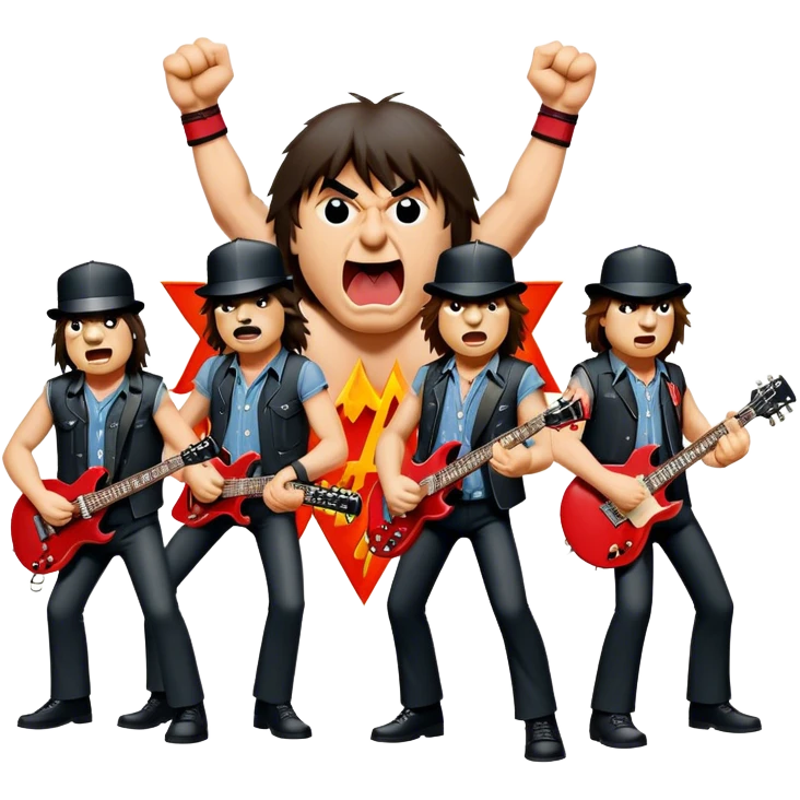 Cinematic Realistic AC/DC Band Emoji, depicted as a high-energy rock ensemble with electrifying stage presence and gritty textures, rendered with bold vibrant lighting that captures the raw power and rebellious spirit of their music. emoji