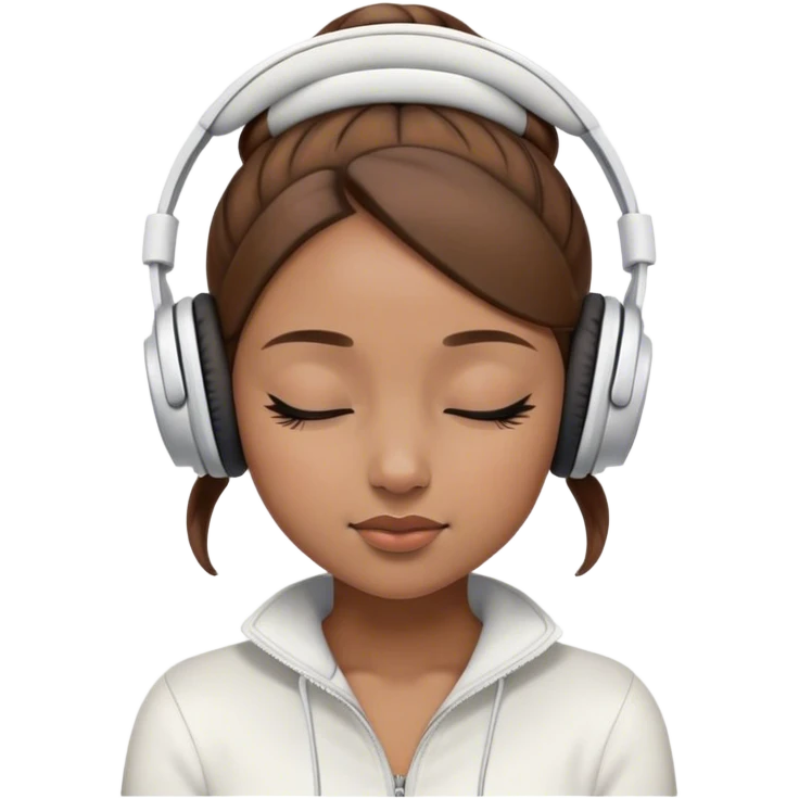 Light brown skin girl, brown hair in bun, eyes closed, white headphones on listing to music emoji