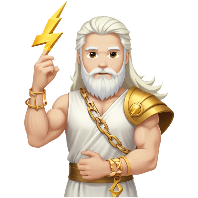 Muscular white colored long hair and white beard man white dress gold bracelet holding a lightning emoji