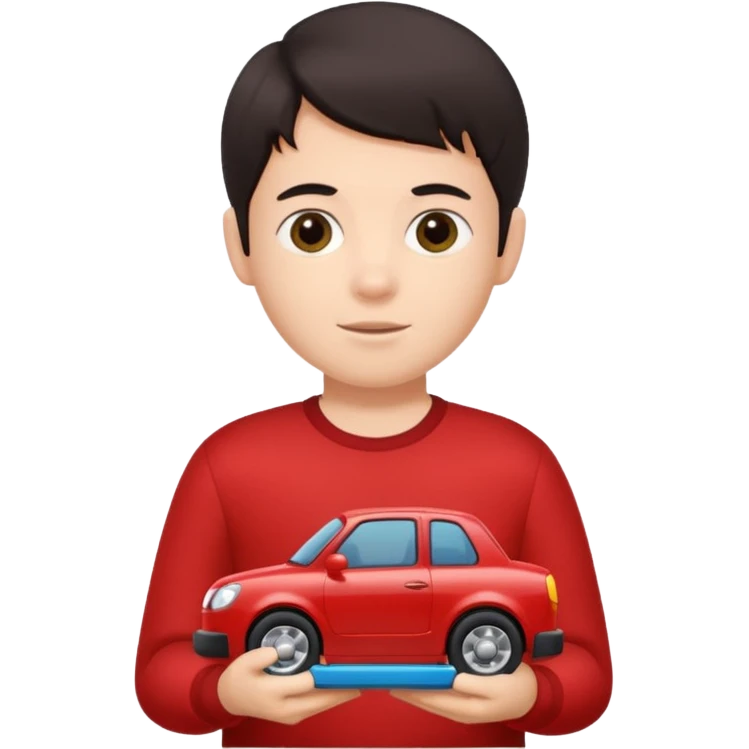 dark haired red wearing kid with toy emoji