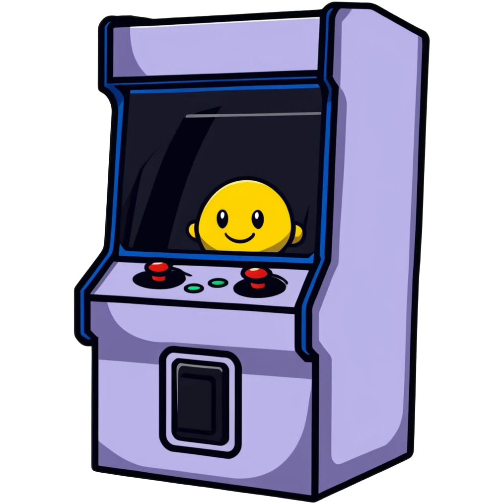A cute sticker-style arcade cabinet with a smiling face on the screen emoji