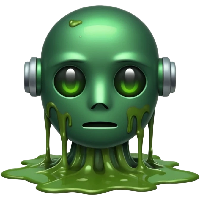 An emoji of a green robot melting away covered in thick green sludge sad and depressed  emoji
