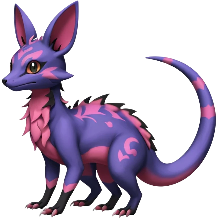 Rare epic aesthetic colorful Salandit-Noibat-Eevee-Genet-species-Fakemon-hybrid-creature, with markings, full body emoji