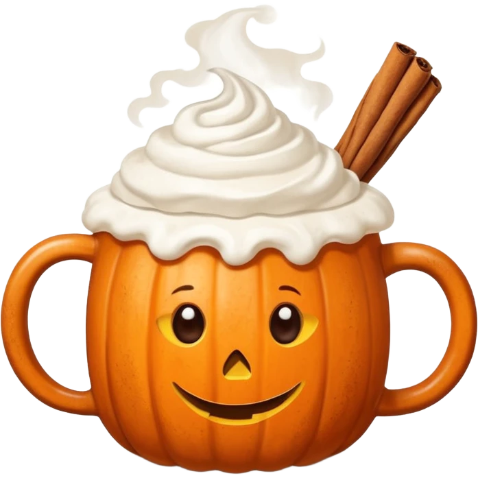 Steaming coffee Mug with whipped Cream and cinnamon Dust on Cream.  Small Punkin and 3 sticks of cinnamon next to mug emoji