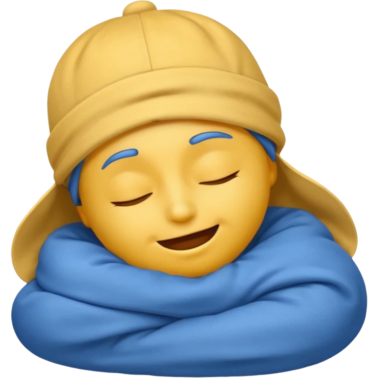 yellow face emoji, small smile, eyes closed, sleeping, blue sleep cap, classic emoji style emoji