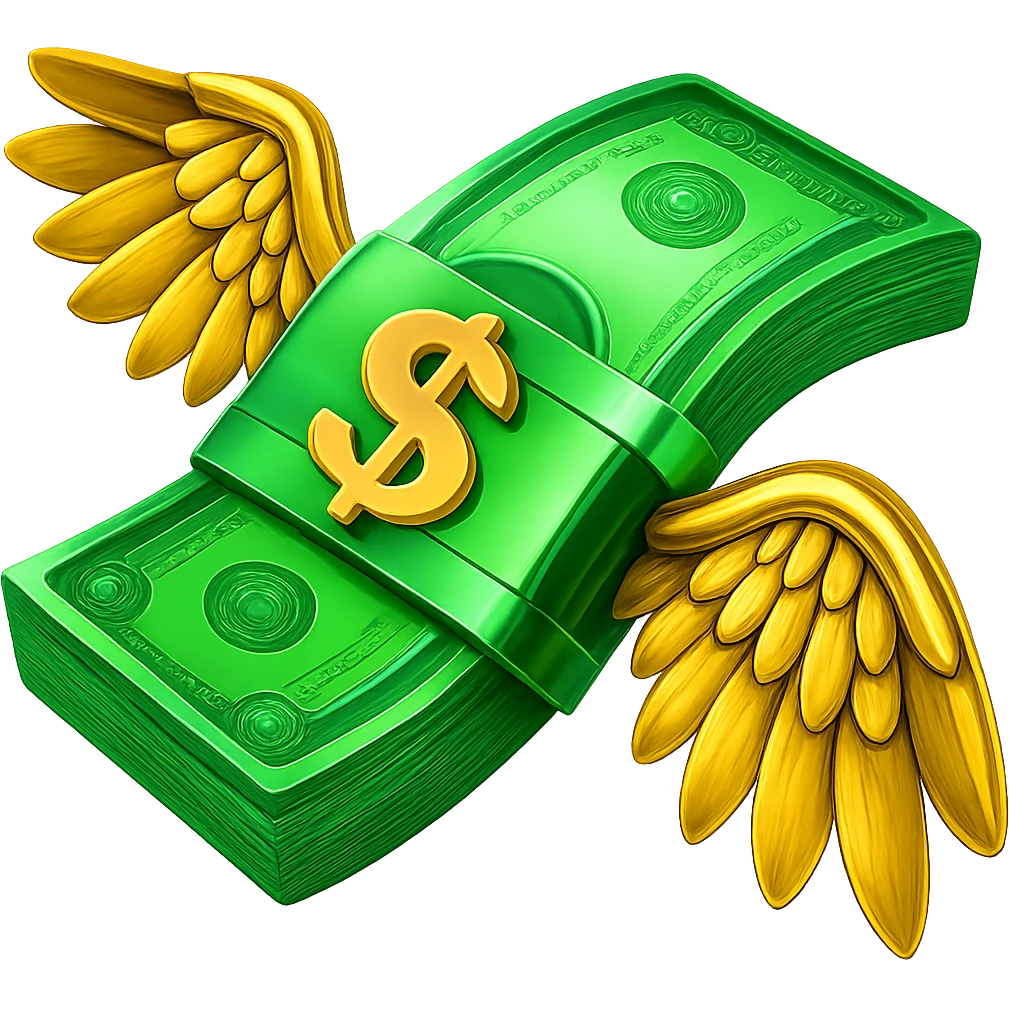 Edit the image to make the cash green and shiny, and the wings gold and shiny. Keep the same shape and details exactly as in the original. Remove the background completely. emoji