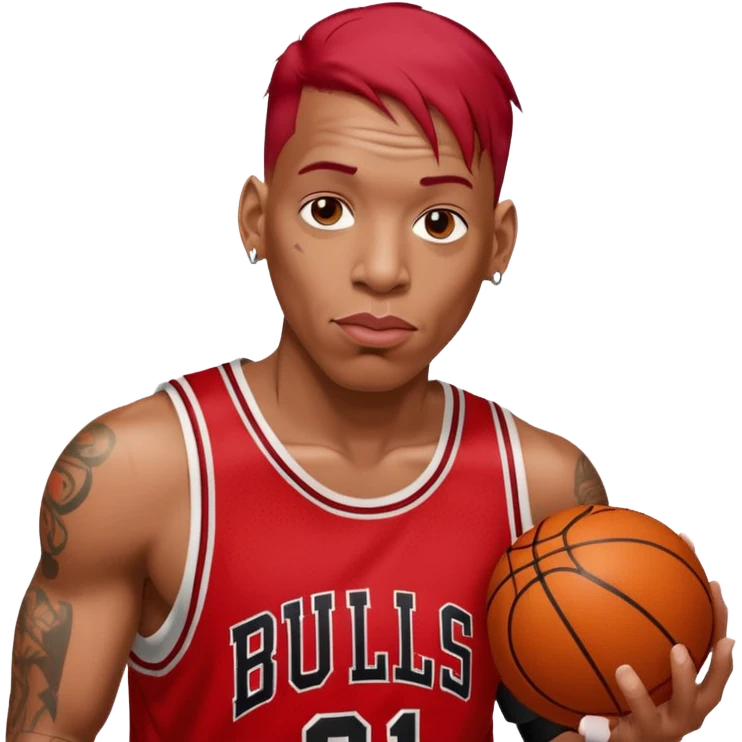 Dennis Rodman with a basketball and “91 “Chicago bull.with a very short red hair emoji