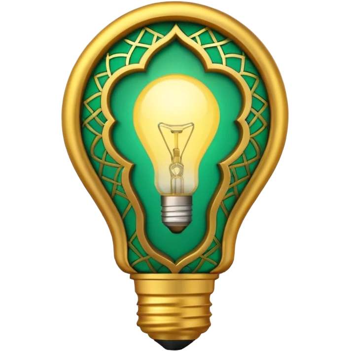 3D emoji, light bulb with Moroccan arabesque pattern inside, golden frame, glowing light, emerald green and gold colors, minimalist, white background. emoji