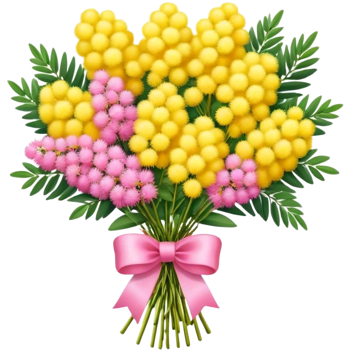 A bouquet of mimosa flowers wrapped with a pink ribbon emoji