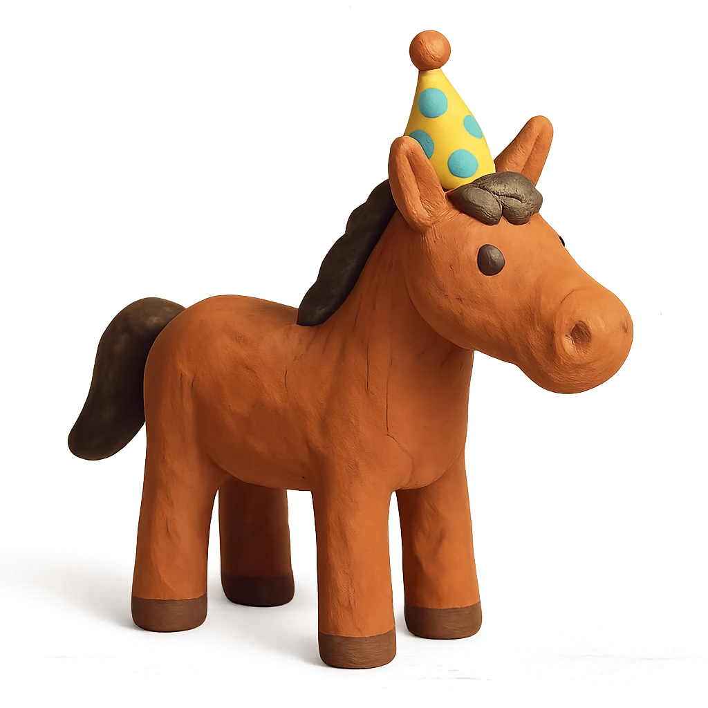 claymation style horse wearing a party hat emoji