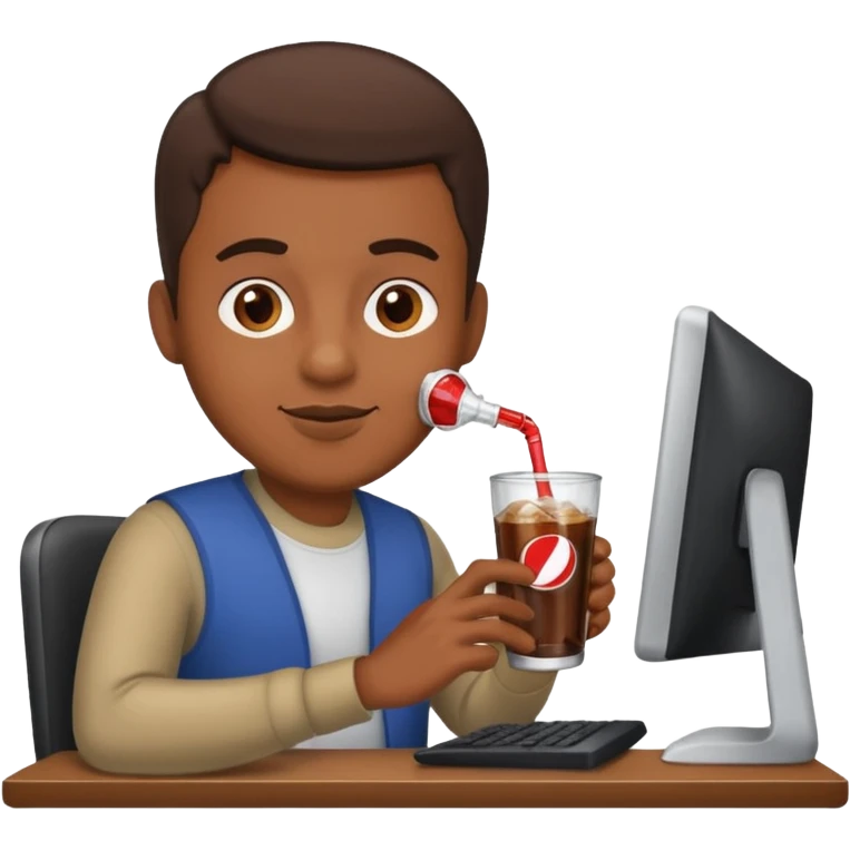 Hombre tomando un refresco frente a un ordenador emoji