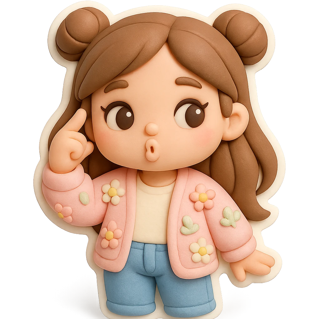 3D chibi fondant cake art style, high-quality rendering with smooth shadows and soft gradients. Girl with long brown hair in two space buns, brown eyes, jeans, pastel floral cardigan, thick white outline like a sticker, transparent background. Spinning finger near her temple and whistling like 'what a fool', preserve facial features from reference image. emoji