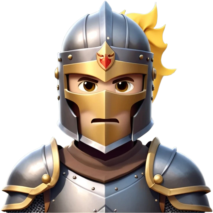 clash-of-clans-aesthetic_-cinematic-fearsome-and-majestic-knight-bust-portrait-emoji, rendered in a flat, vector-style with minimal shading and bold, simplified shapes, depicting a battle-ready medieval knight with steely eyes and intricate armor, mounted on a warhorse reflecting sunlight over a misty battlefield. emoji