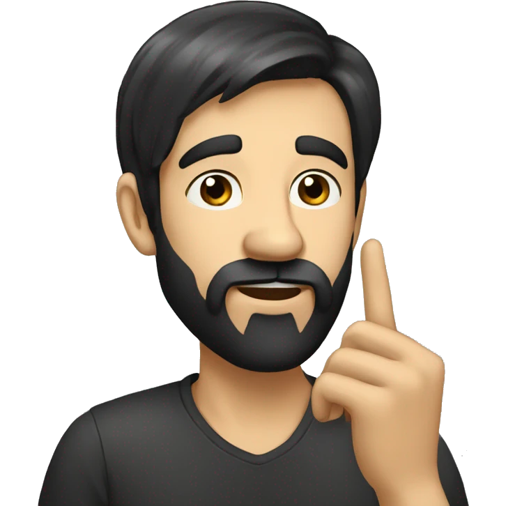 a bearded man with shaved black hair, who shushes with his finger to his mouth emoji