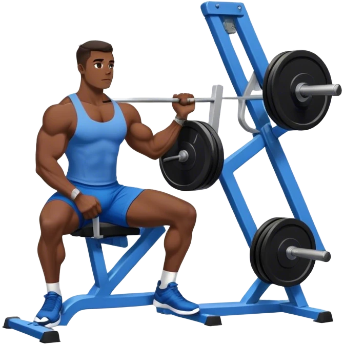 side-view bodybuilder in blue shorts seated weighted calf-raise machine on his tip toes emoji