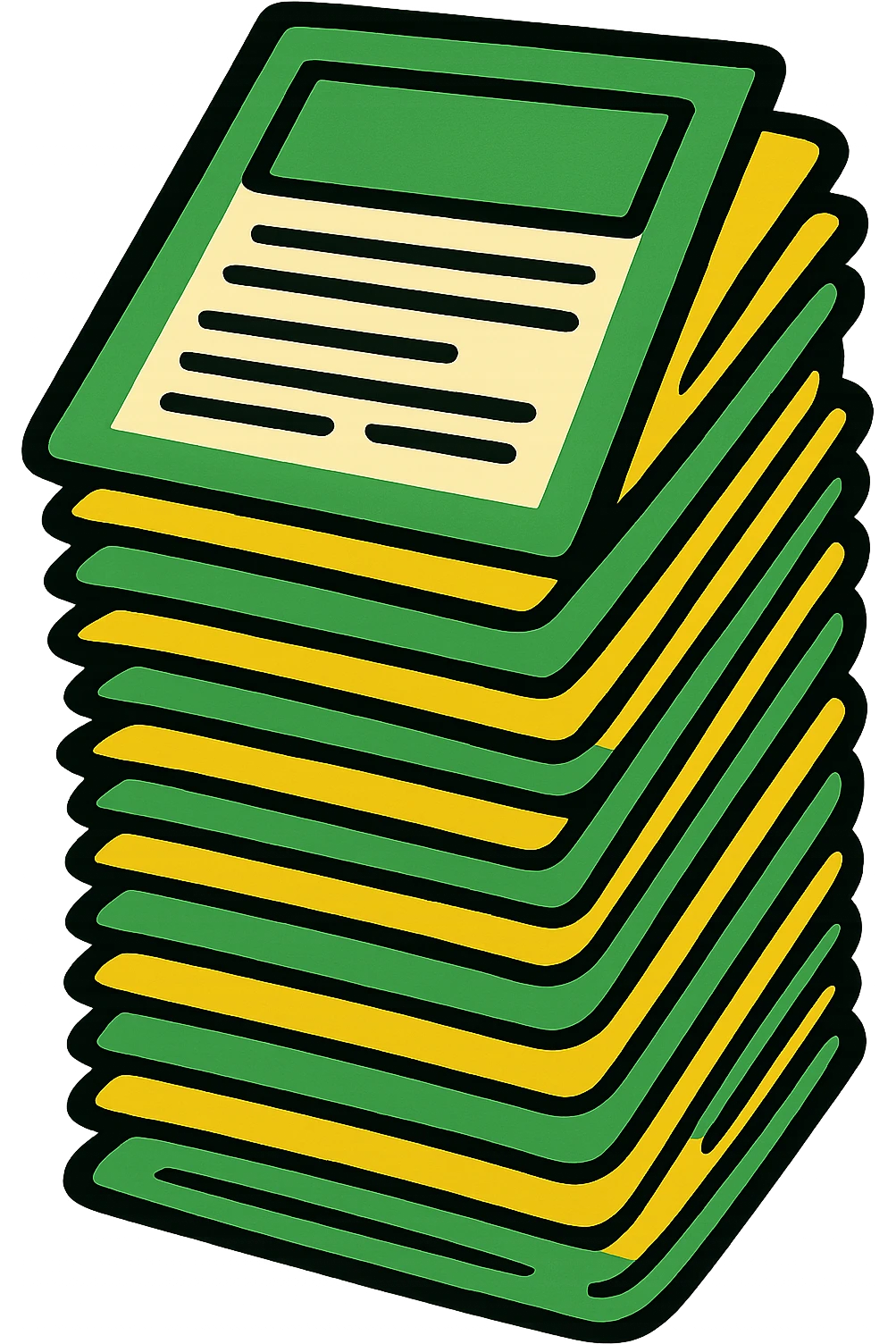 Make the stack of papers taller with a professional style. Use a green, gold, and white color scheme. The design should be bold and clear, suitable for digital use, with no background. emoji