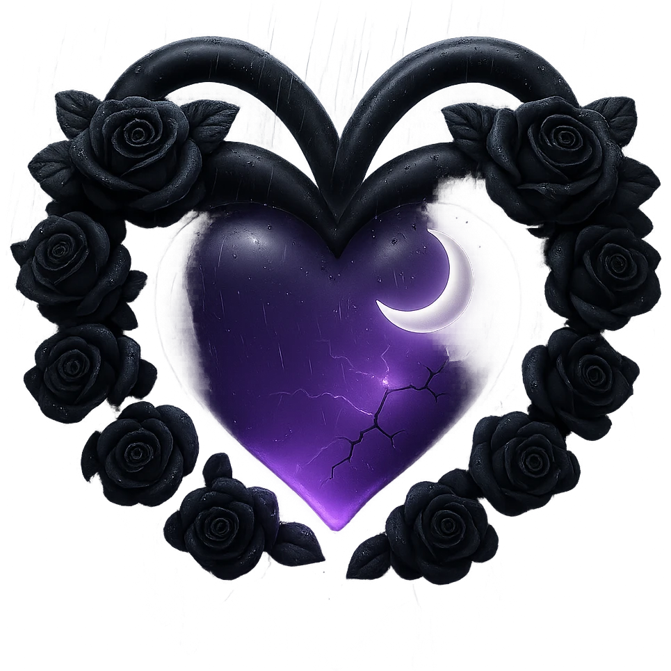 Add much more rain and thick mist to the scene, keeping the prominent black roses, gothic heart, purple glass with a crescent moon, dripping effect, faint lightning in the background, cracked glass with a glowing mist. The style should resemble 3D emoji style. Remove the background. emoji