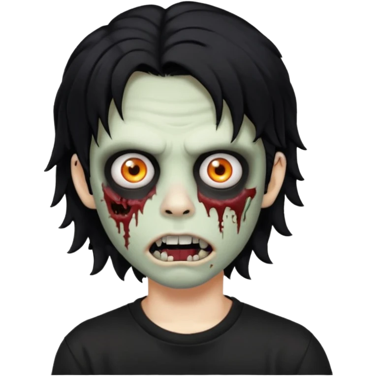 a boy with wavy hair, a zombie-shaped mouth piercing hum, and black hair with a black shirt too, and medium-length, wavy black hair, almost shoulder-length, with a lip piercing. with white skin emoji