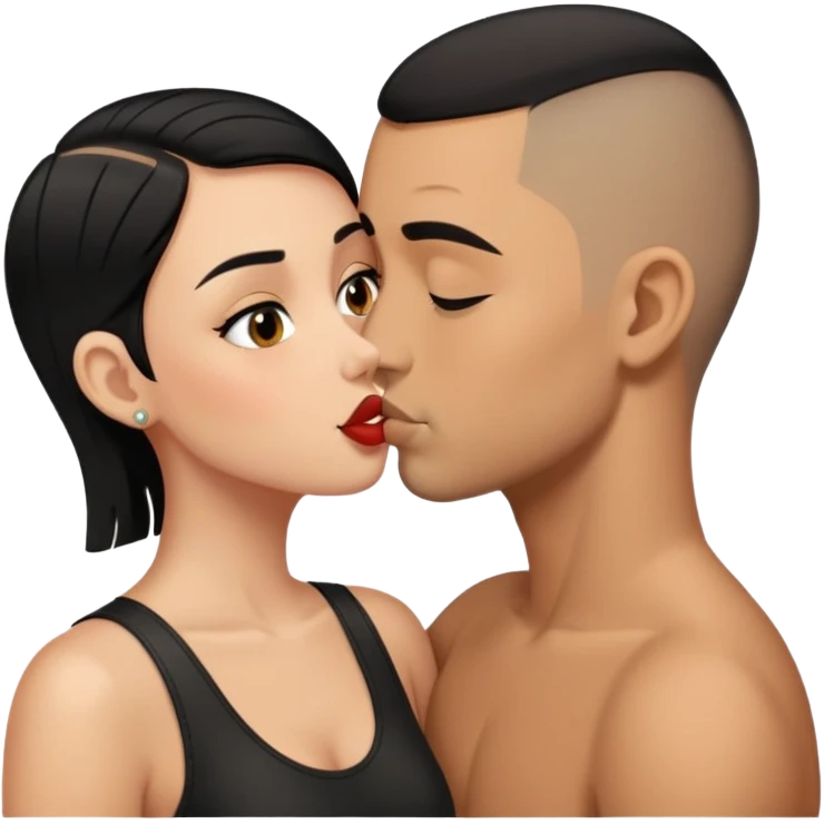 Tan girl with black hair kissing same skintone man with buzzcut black hair emoji