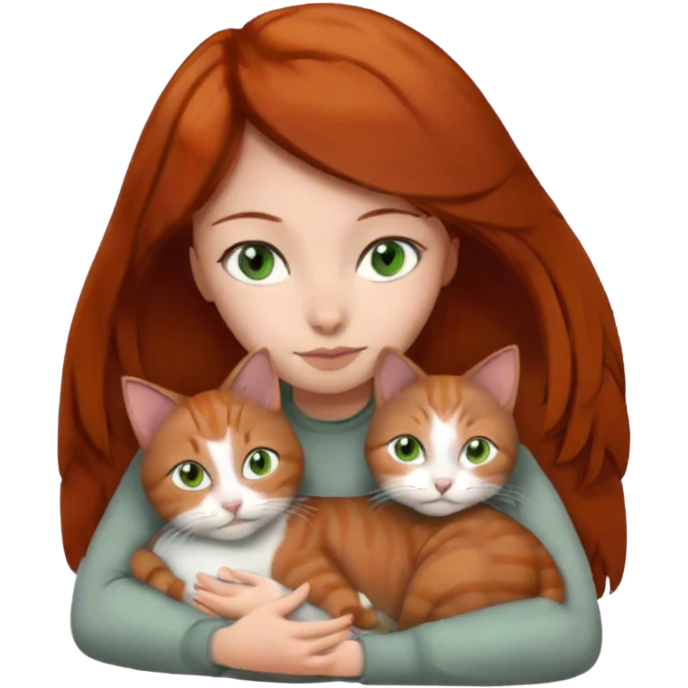 Dark ginger haired girl with brown eyes, and gray cat with green eyes cuddle emoji