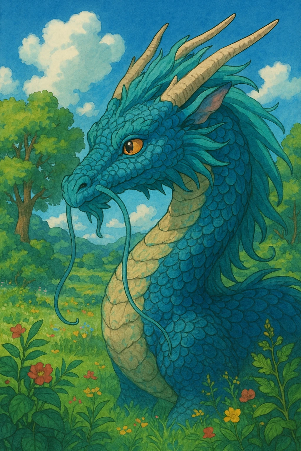 blue dragon, detailed ghibli style illustration emoji