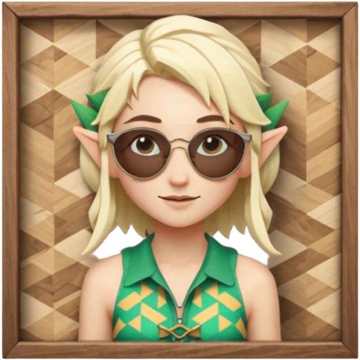elf female legolas portrait, patterned board shorts (geometric/abstract), unique wooden-framed sunglasses, undercut hairstyle, slight smirk, visible pointy ears, no background, centered emoji, hipster summer vibe coctails emoji